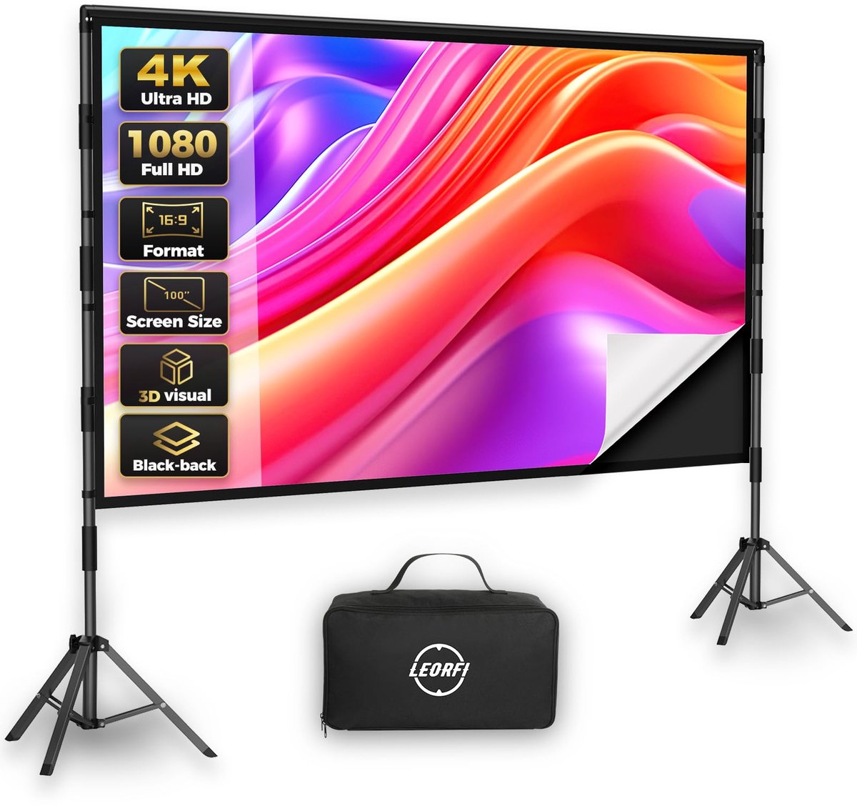 SnelShoppen - Beamerscherm met statief 100 inch, opvouwbaar en draagbaar voor binnen en buiten, 16:9, 4K HD met zwarte achterkant, ideaal voor tuin en