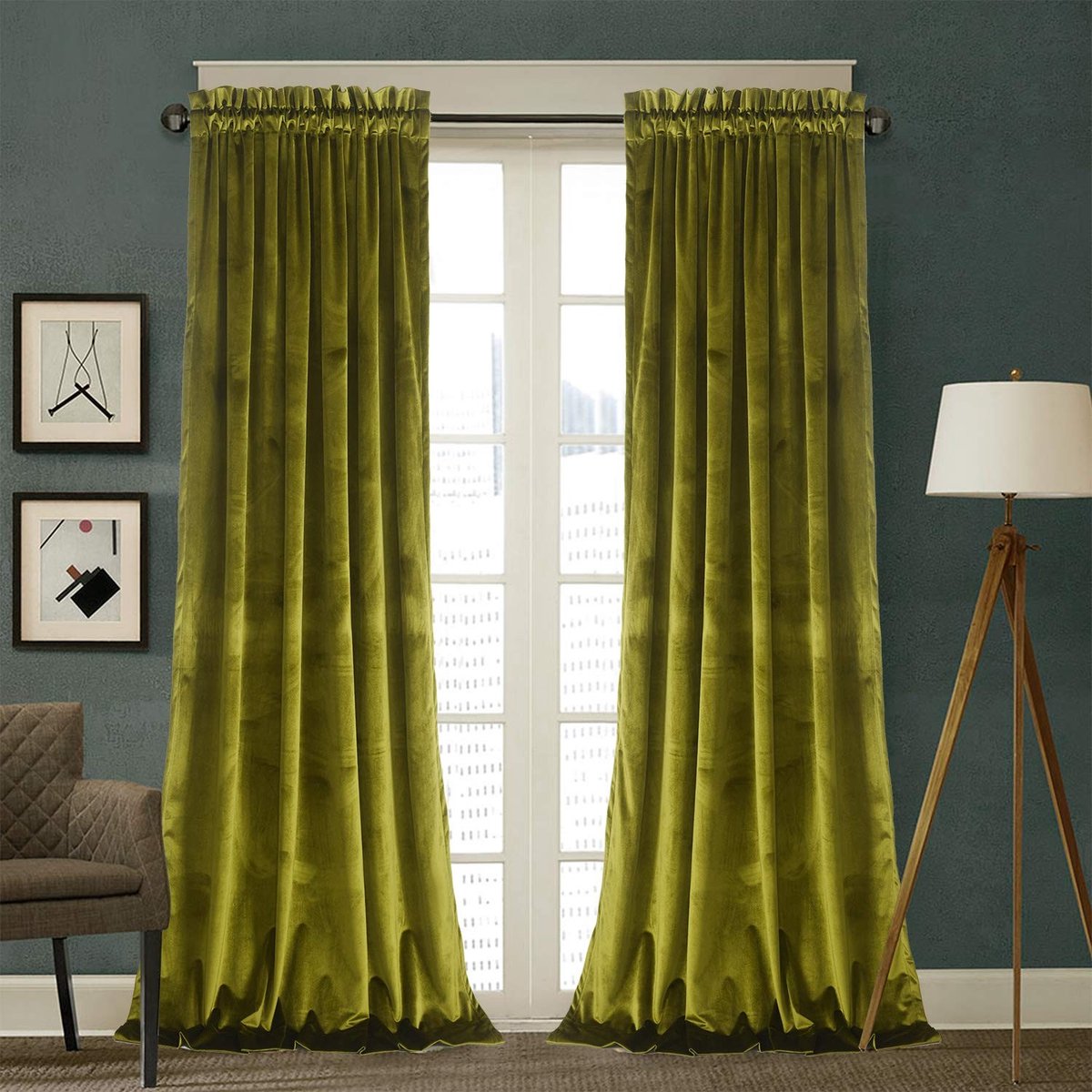 Omgoods - Luxe Velvet Gordijnen Set van 2 - 52 x 63 inch, Olijfgroen