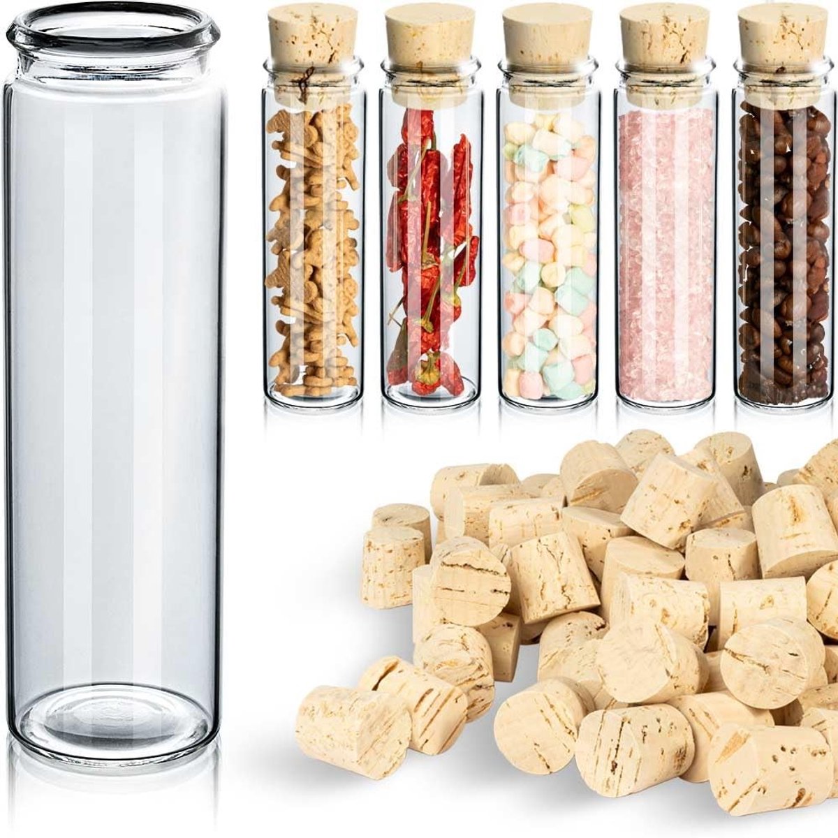Omgoods - Set van 25 Laboratorium Glazen Flessen met Kurk - Testbuizen met Rolrand voor Decoratie
