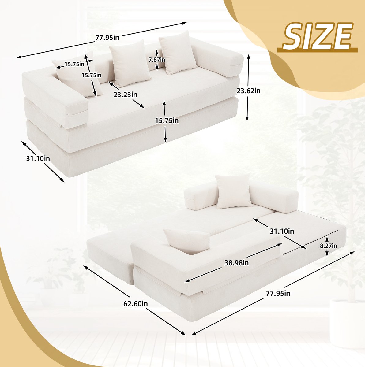 FloraGrace Modulaire Bank 2-Zits 198 x 79 x 60 Cm - Zachte Chenille, Antislip En Opbergvakken - Slaapbank Voor Woonkamer - Beige
