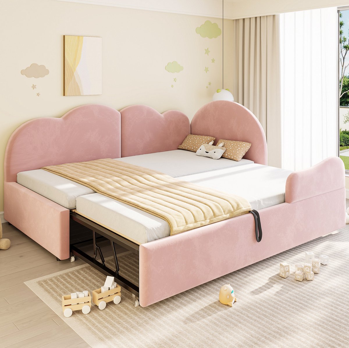 MIVRAY Slaapbank 90 x 200 cm Zonder Matras - Uitschuifbaar Bed Met Wolkenvorm Hoofdbord - Voor Kinderen En Logeerkamer - Fluweel - Roze