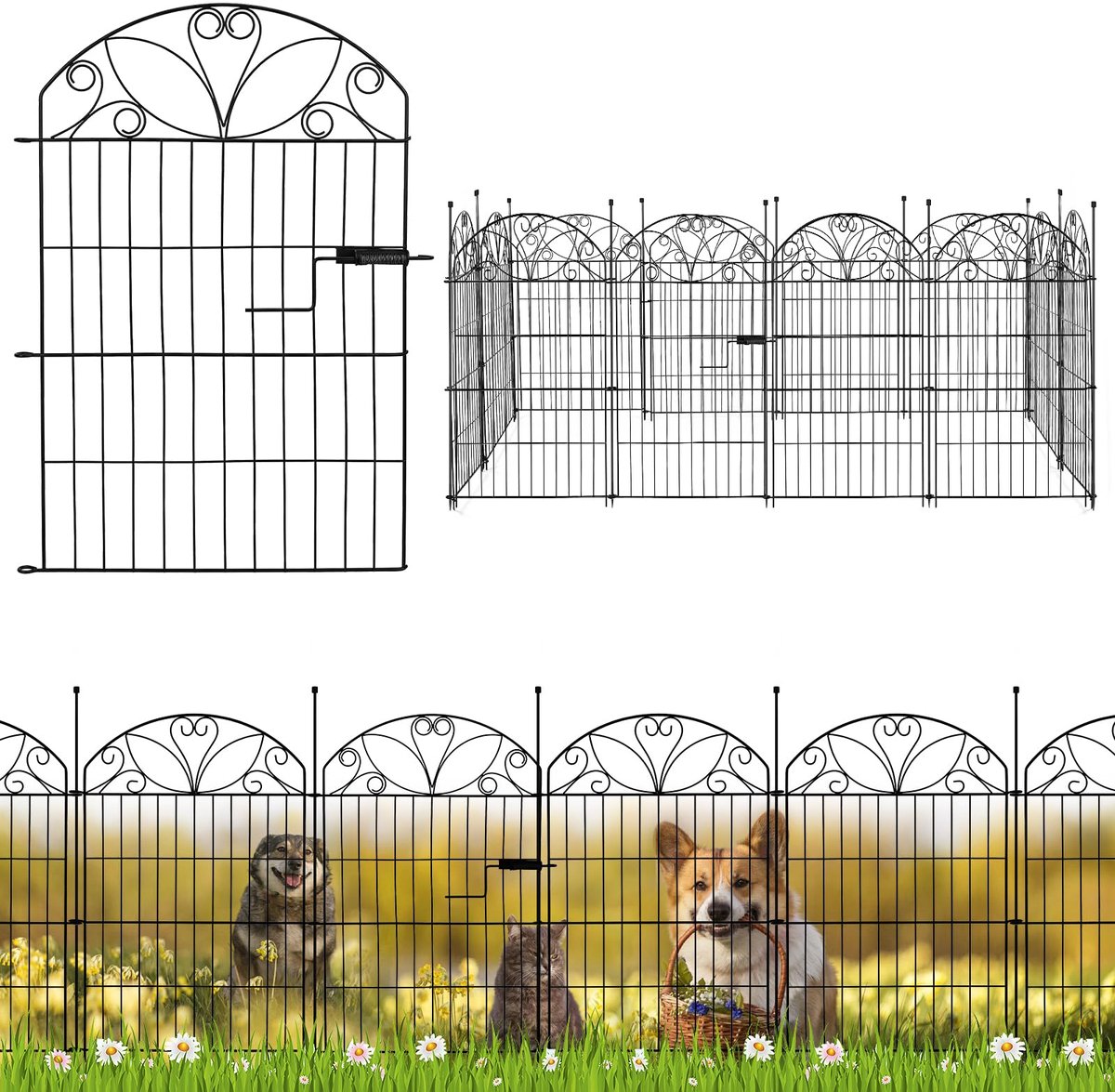 SnelShoppen - Metalen tuinomheiningspanelen set van 12 met poort, roestbestendige tuinomheining 678 cm, 80 x 56,5 cm, 13 grondpalen voor gazon, bloemb