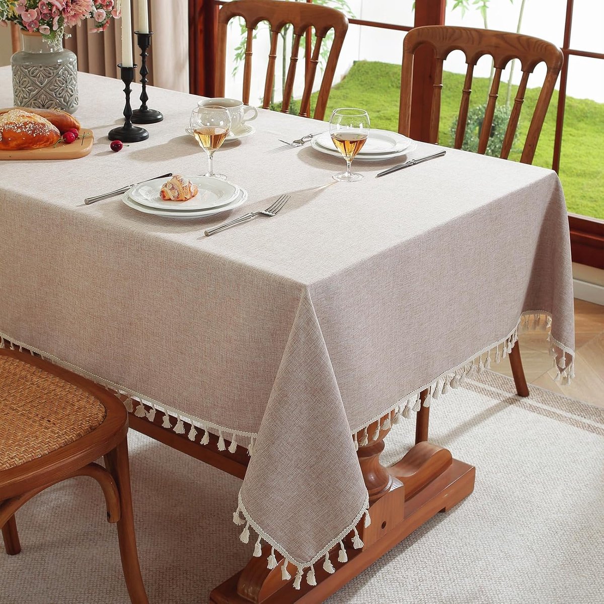 SnelShoppen - Rectangle Tafelkleed Waterdicht met Tassels - Polyester Tafelkleed 120x160cm - Khaki - Voor Keuken, Lunch, Feest en Thuisdecoratie