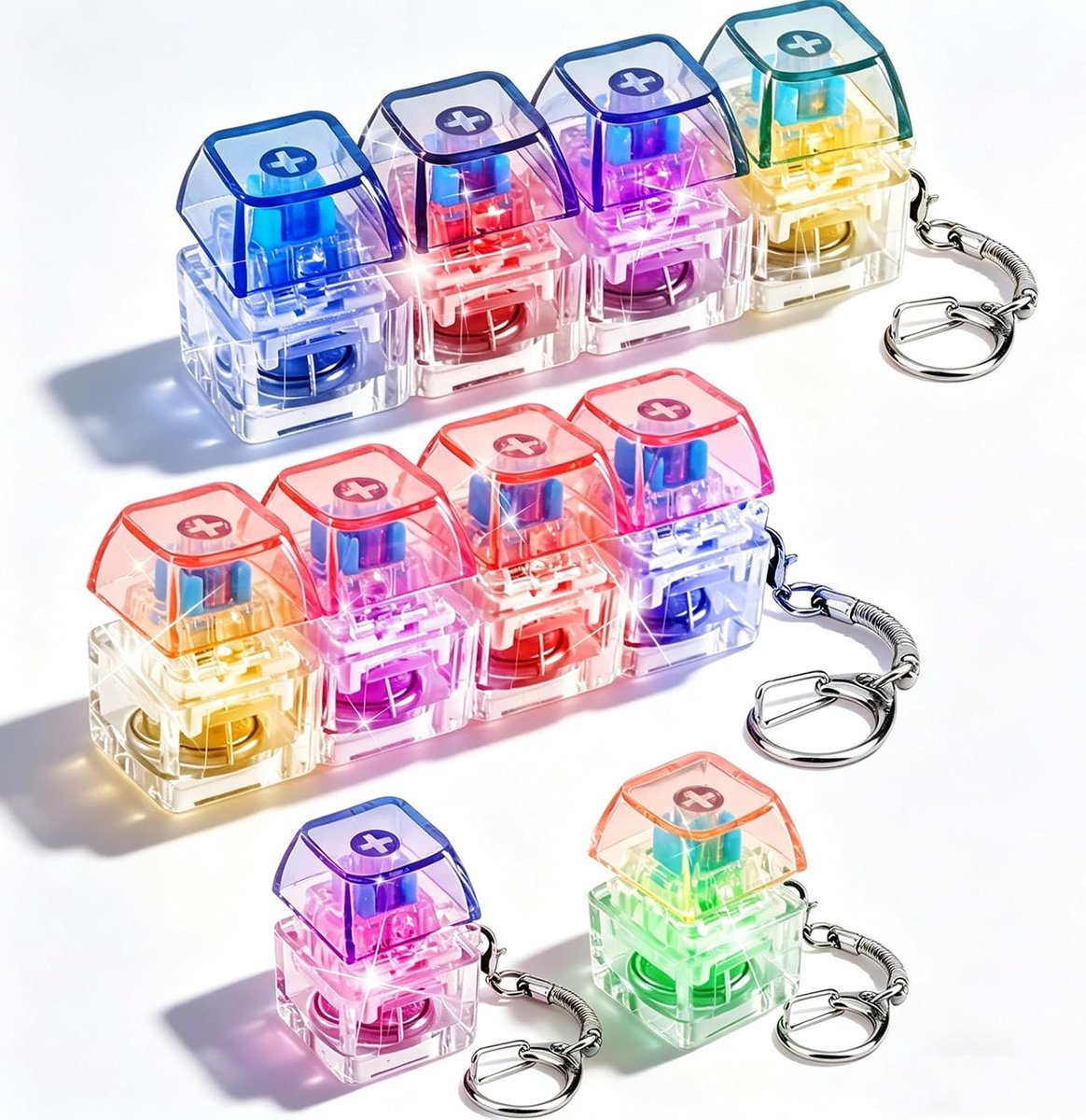 Toetsenbord Fidget Speelgoed Met Ledlicht, Toetsenbordsleutelhanger, 4-Toets-Toetsenbord, Fidget, Lichtgevende Keyboard-Clicker (2 Pcs 4-Toets + 2 Pcs 1-Toets (Blauw/Roze))