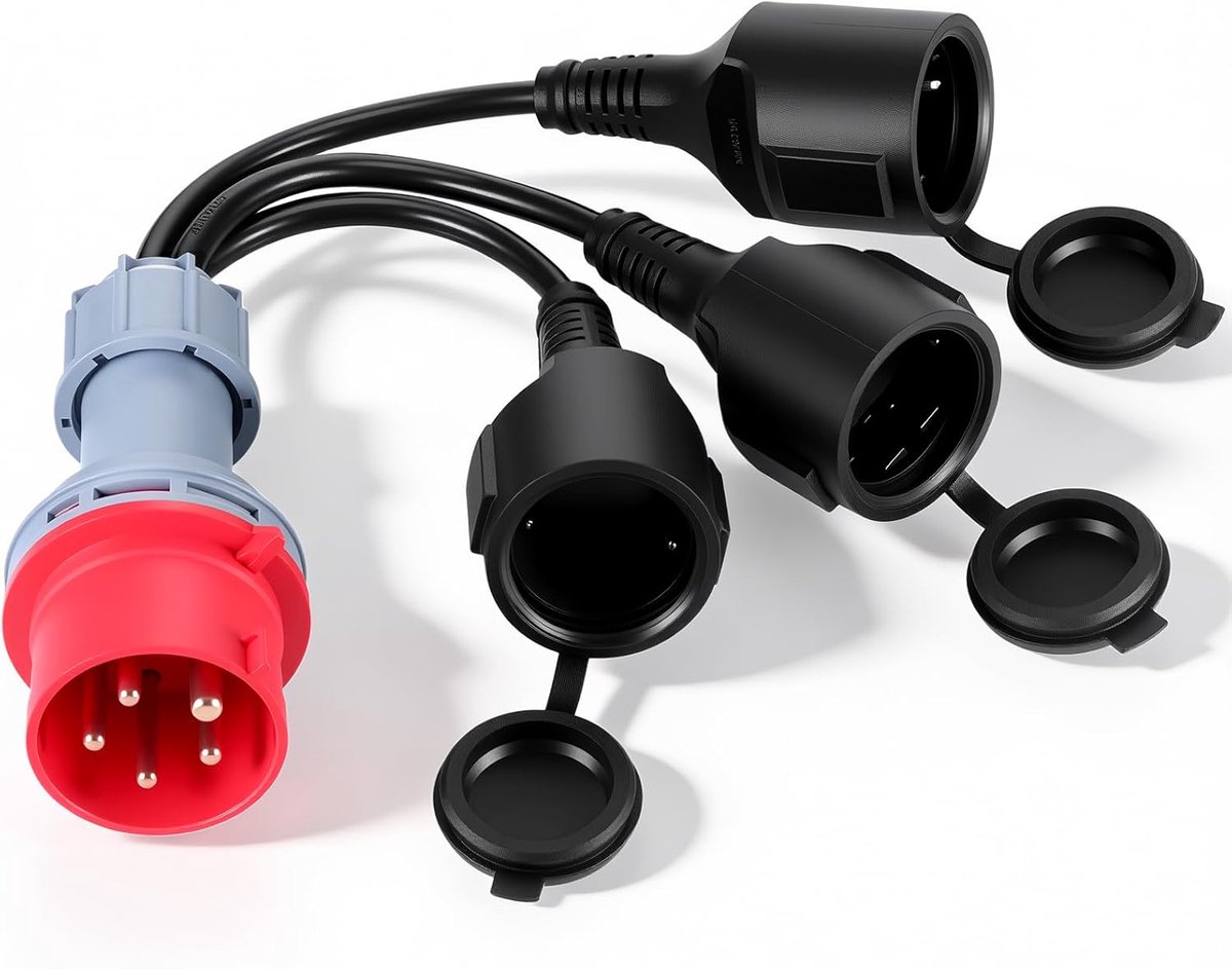 CEE-adapter, stroomverdeler, 400 V, stekker 16 A naar 3 x 230 V, Schuko-koppeling, 16 A verdeler met klapdeksel en geaarde stekker, IP44, voor caravan, industrie en buiten