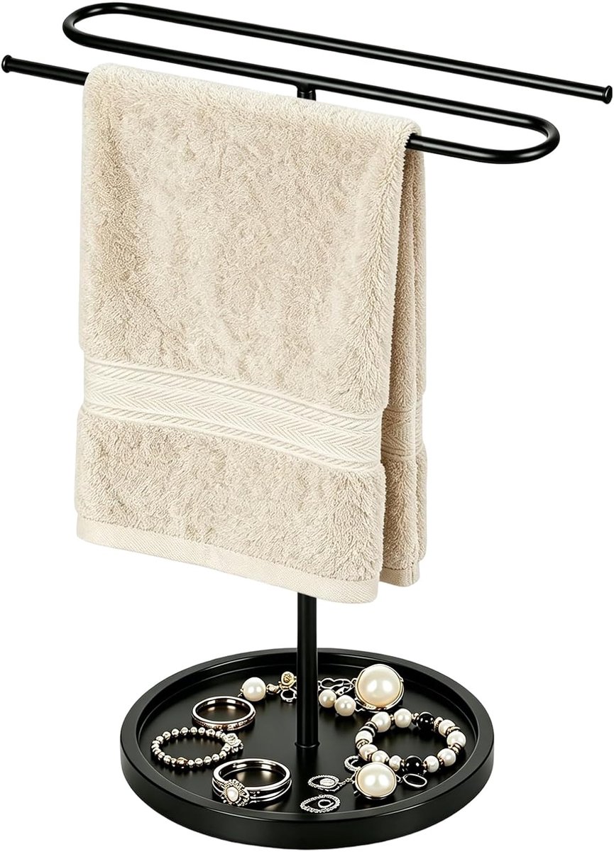 Handdoekhouder voor badkamer - massief houten sokkel - S-stang voor twee handdoeken - elegant zwart design - ShopVlot