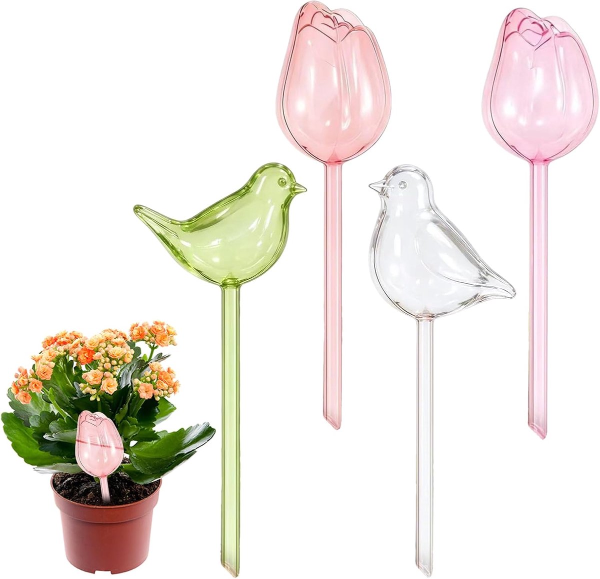 4 stuks irrigatieballen voor planten, 170 ml gietballen, potplanten, zelfbewatering, planten, waterdispenser, zelfbewatering voor kamer, balkon en tuinplanten (tulpen + vogels)