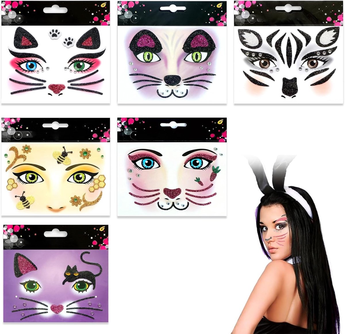 Gezichtssticker Set - 6 Glinsterende Ontwerpen voor Carnaval, Face Gems Glitter, Strass Gezichtsjuwelen, Tijdelijke Tatoeages voor Carnaval, Halloween, Festival