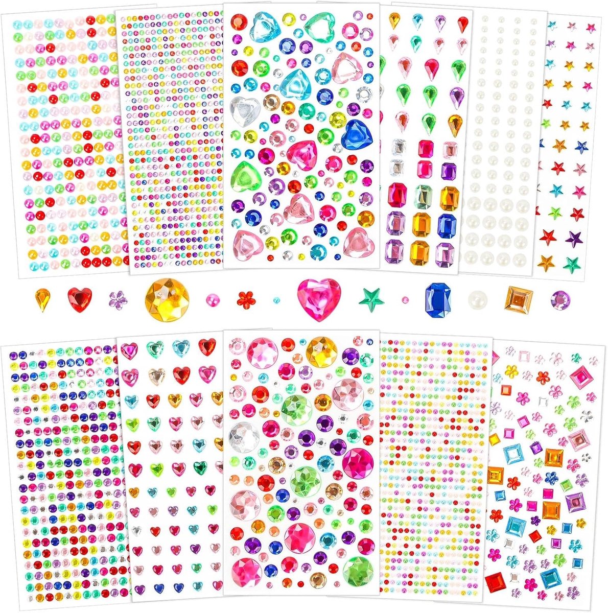 Glitterstenen, zelfklevend, 3100 stuks, 11 vellen strass-steentjes