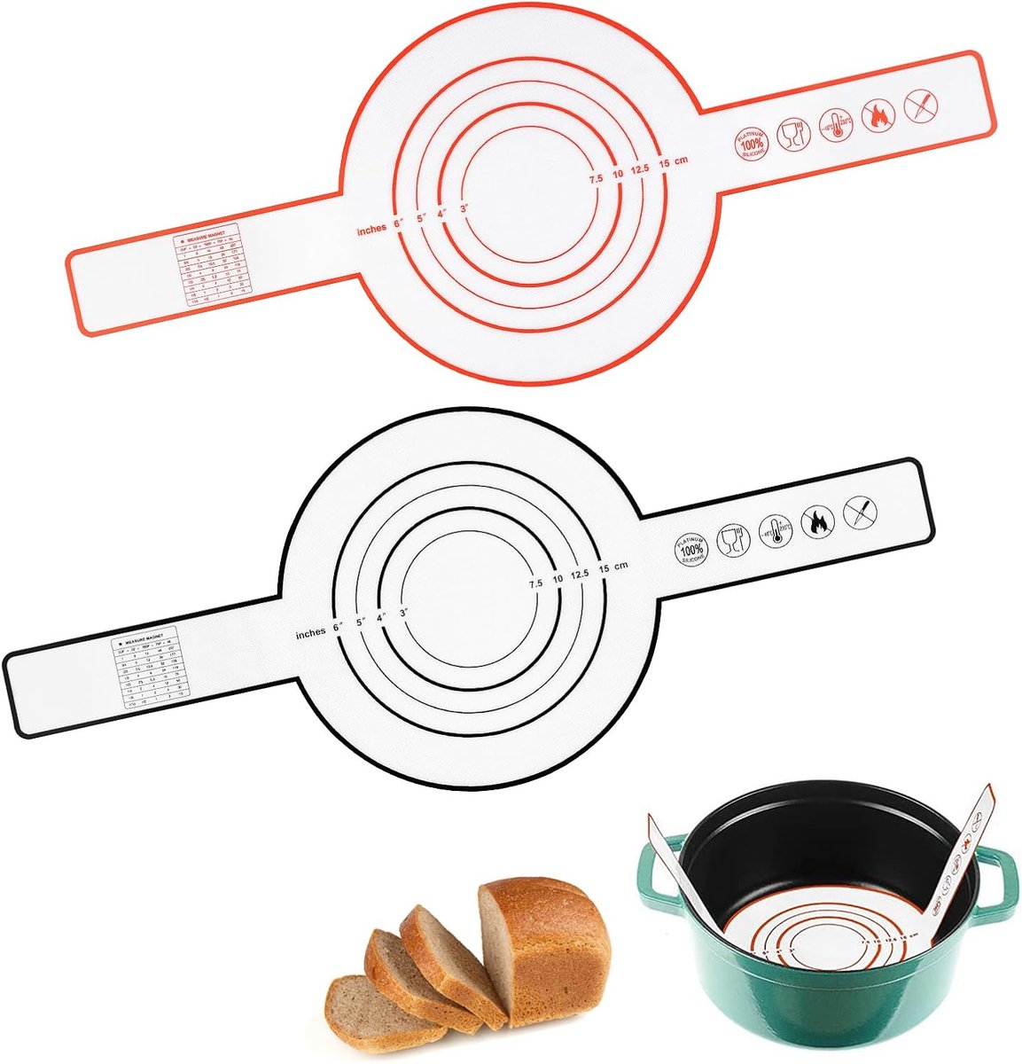 Siliconen bakmat voor Dutch Oven, 2 stuks siliconenmat, brood-bakaccessoires, herbruikbare bakmat van siliconen met lange handgrepen voor deeg, gemakkelijker aanbrengen (rood + zwart)