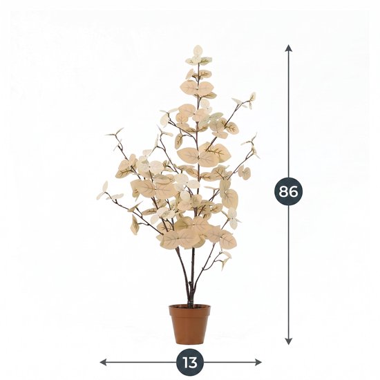 Kunstmatige eucalyptusplant, 86cm hoog en 13cm breed, met lichte, beige bladeren in een bruine pot.