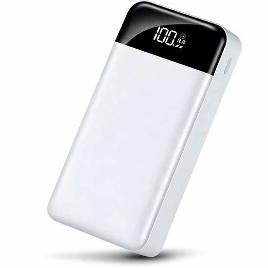 Witte powerbank met een slank zwart display dat 100% aangeeft. Strak en modern design.