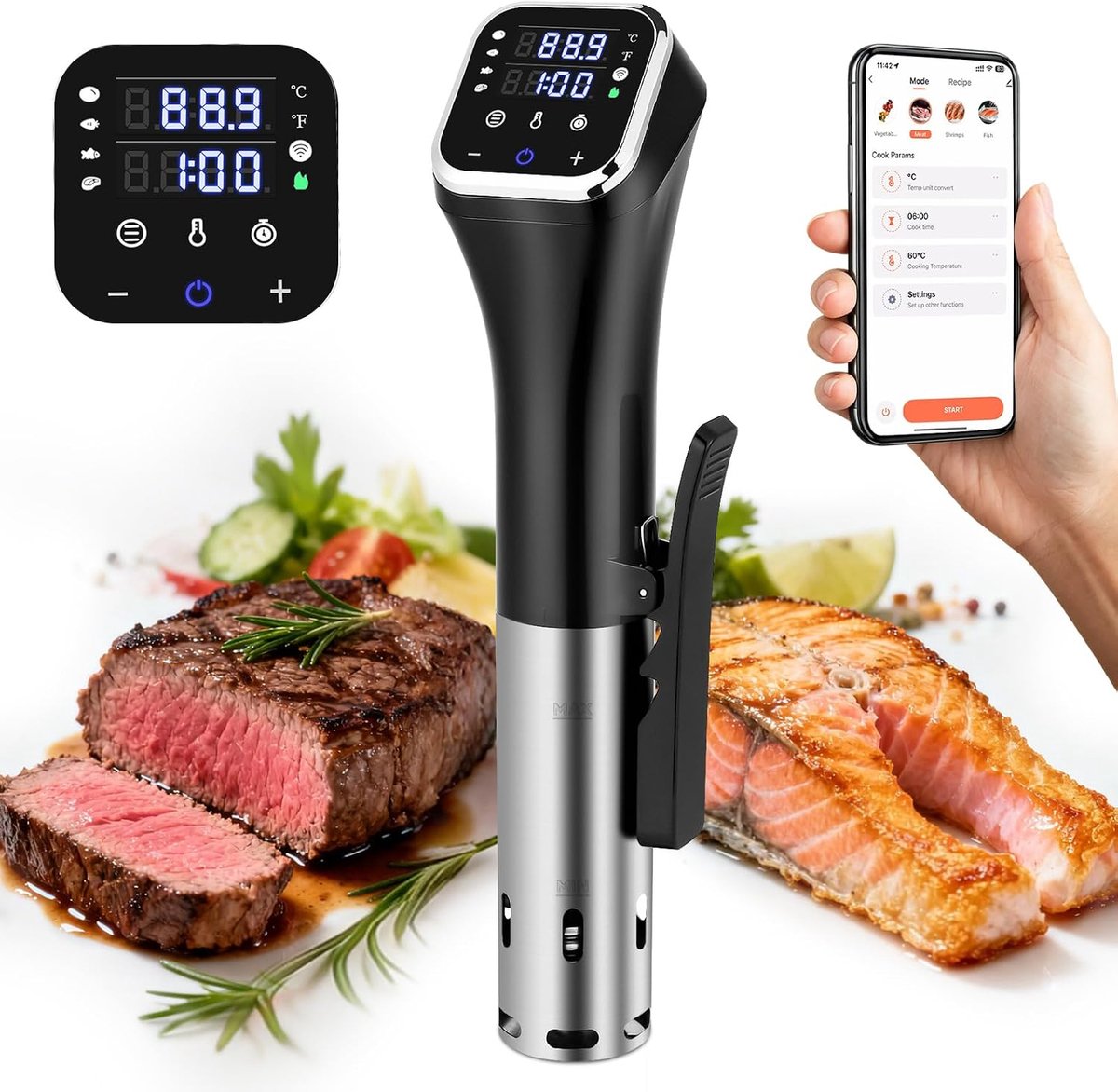 Sous Vide Stick Culinaire met draadloze precisiegarer 1100W WIFI app-temperatuurregeling van 40 °C tot 90 °C touch-bediening