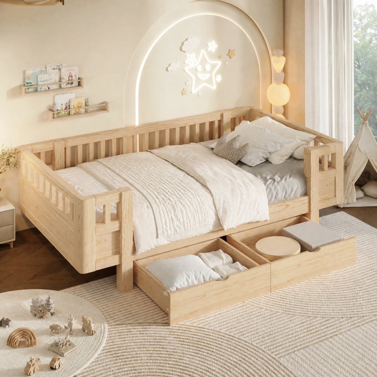 FloraGrace Kinderbed 90x200 cm - Bed Met Hoog Veiligheidshekje En Twee Laden - Voor Kinderkamer En Jeugd - Hout MDF - Houtkleur Zonder Matras