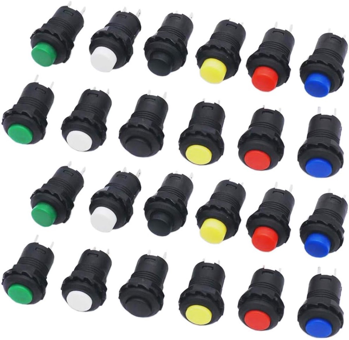 24 stuks 12 mm drukknop met vergrendeling, zelfblokkerende aan/uit-knoppen, push-knopschakelaar, mini-drukknopschakelaar, rond, rood/groen/geel/blauw/zwart/wit
