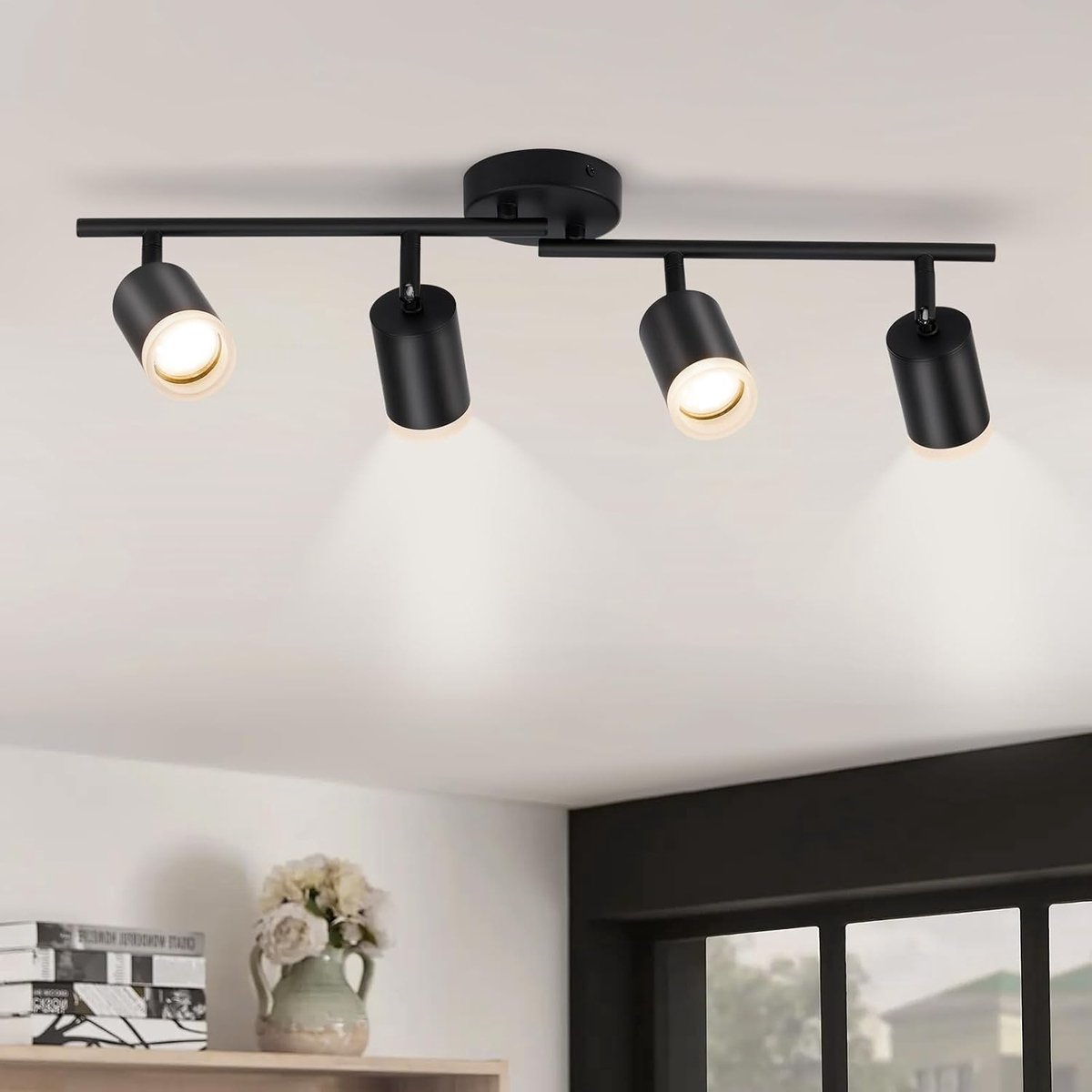 Led-plafondspot, 4-wegs, moderne led-plafondlamp draaibaar, matzwarte spotlichtbalk, GU10-spot fitting voor keuken, slaapkamer, woonkamer, lamp niet inbegrepen