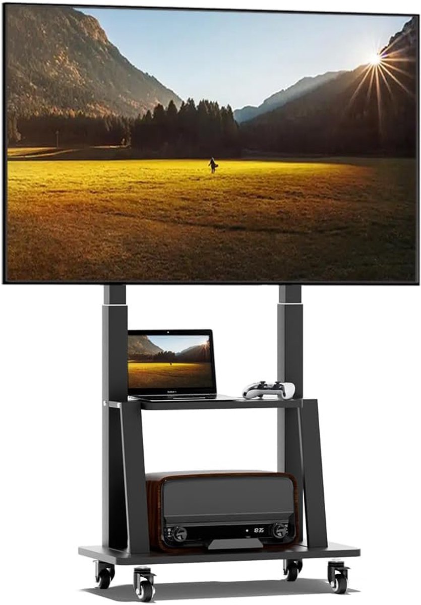SnelShoppen - Rollbare TV-standaard met wielen, mobiele televisiestandaard voor 32-75 inch televisies, hoogte verstelbaar, met plank, tot 130 lbs, VES