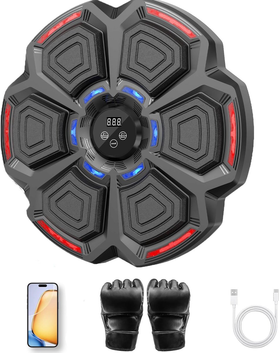 SnelShoppen - Muziek Boksmachine voor Volwassenen, Bluetooth Boksmachine met 9 Snelheidsmodi en Tellen, Inclusief Bokshandschoenen, Ideaal voor Thuis