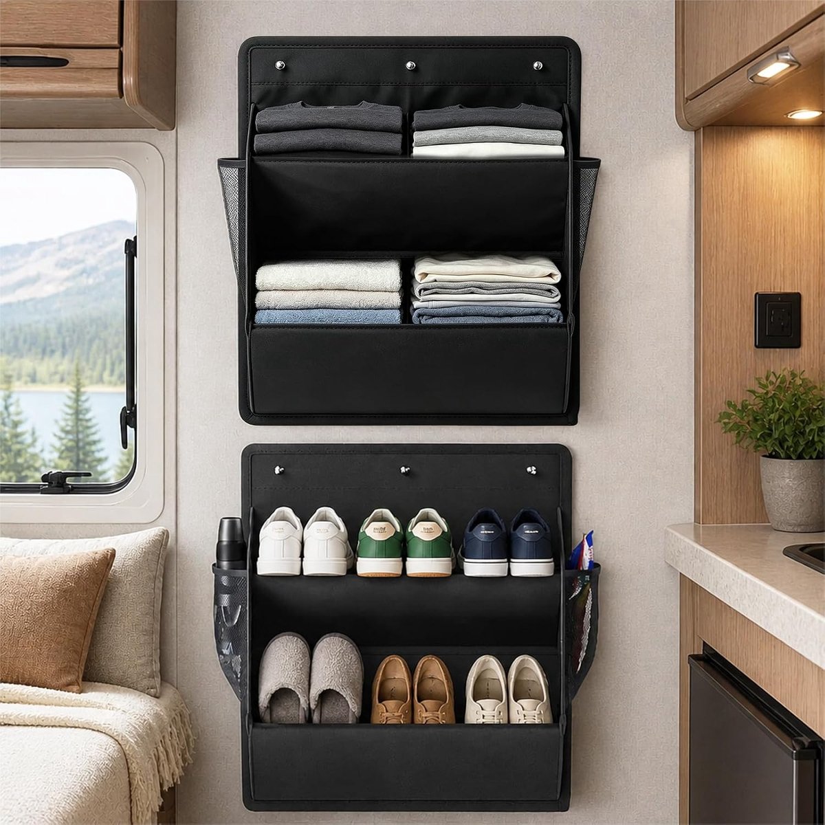 SnelShoppen - Schoenhouder voor camper, 2 stuks, ruimtebesparende schoenenorganizer met sterke plakstrips, diepe zakken, ideale camper organizer voor