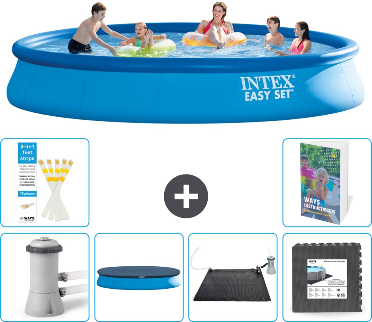 Intex Rond Opblaasbaar Easy Set Zwembad - 457 x 84 cm - Blauw - Inclusief Pomp - Afdekzeil - Solar Mat - Vloertegels - 7-delig
