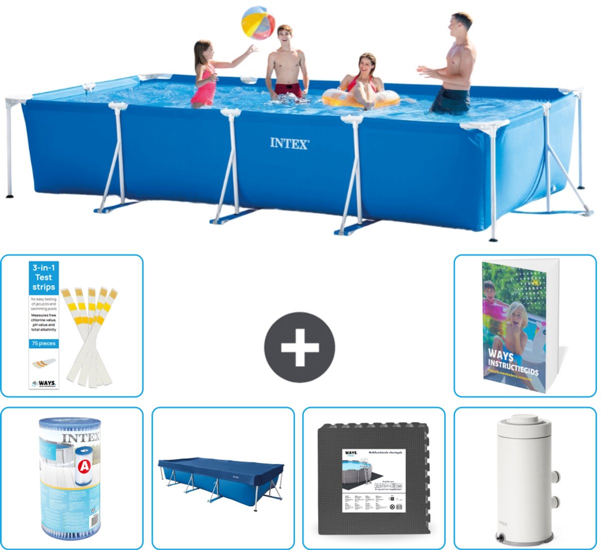 Intex Rechthoekig Frame Zwembad - 450 x 220 x 84 cm - Blauw - Inclusief Filter - Afdekzeil - Vloertegels - Zwembadfilterpomp - 7-delig