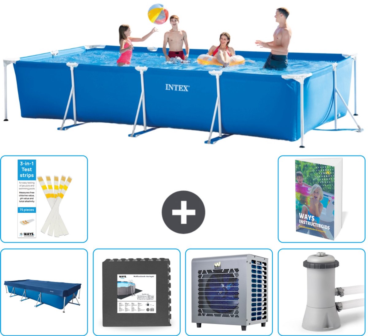Intex Rechthoekig Frame Zwembad - 450 x 220 x 84 cm - Blauw - Inclusief Afdekzeil - Vloertegels - Warmtepomp - Zwembadfilterpomp - 7-delig