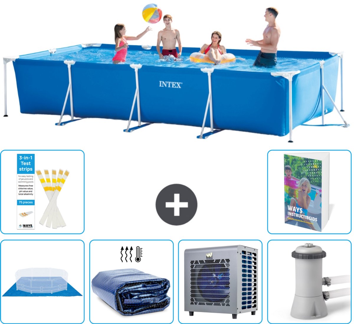 Intex Rechthoekig Frame Zwembad - 450 x 220 x 84 cm - Blauw - Inclusief Grondzeil - Solarzeil - Warmtepomp - Zwembadfilterpomp - 7-delig