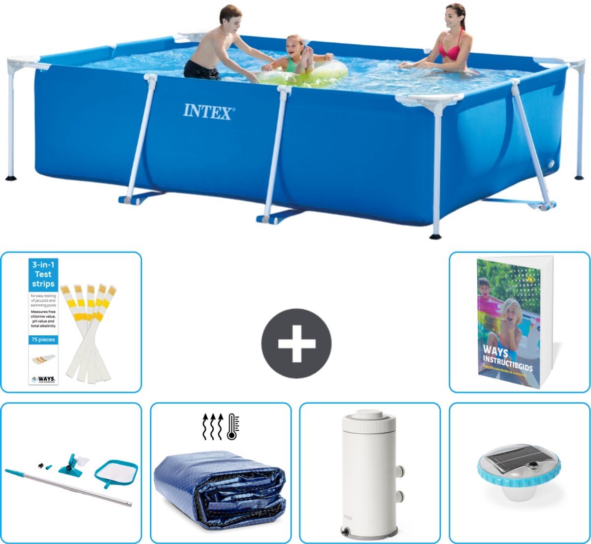 Intex Rechthoekig Frame Zwembad - 300 x 200 x 75 cm - Blauw - Inclusief Schoonmaakset - Solarzeil - Zwembadfilterpomp - Verlichting - 7-delig