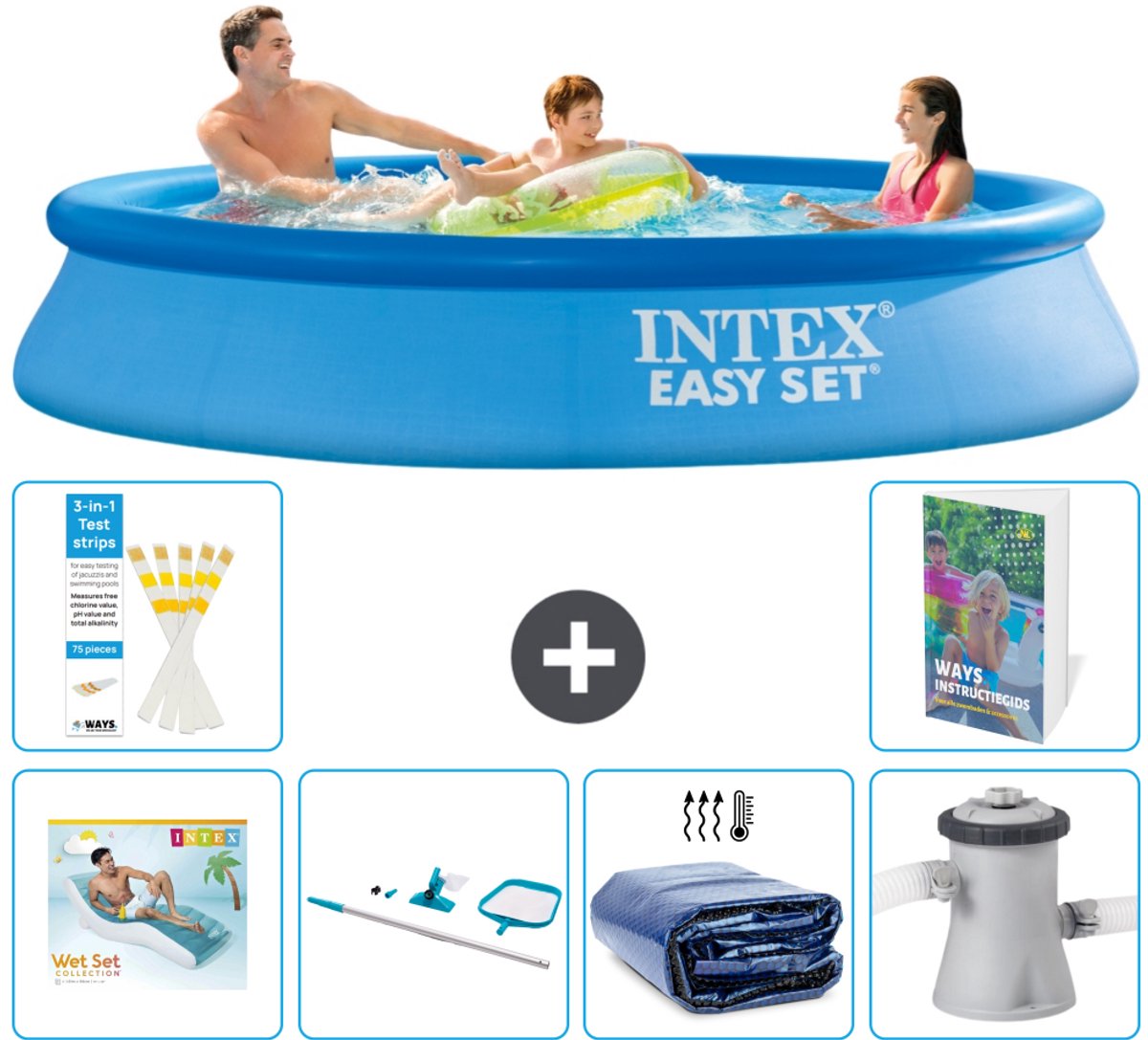 Intex Rond Opblaasbaar Easy Set Zwembad - 305 x 61 cm - Blauw - Inclusief Loungebed - Schoonmaakset - Solarzeil - Zwembadfilterpomp - 7-delig