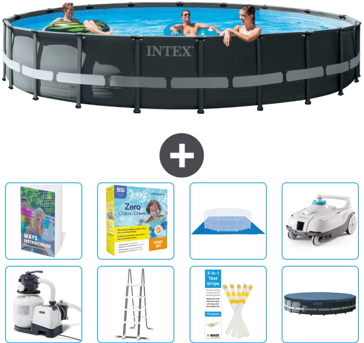 Intex Rond Ultra XTR Frame Zwembad - 610 x 122 cm - Inclusief Pomp - Ladder - Grondzeil - Afdekzeil - Onderhoudspakket - Stofzuiger - 9-delig