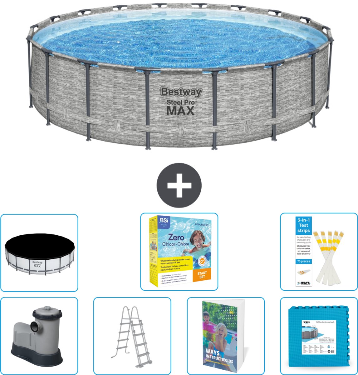 Bestway Rond Steel Pro MAX Zwembad - Steenprint - 549 x 122 - Inclusief Pomp - Ladder - Afdekzeil - Onderhoudspakket - Vloertegels - 8-delig
