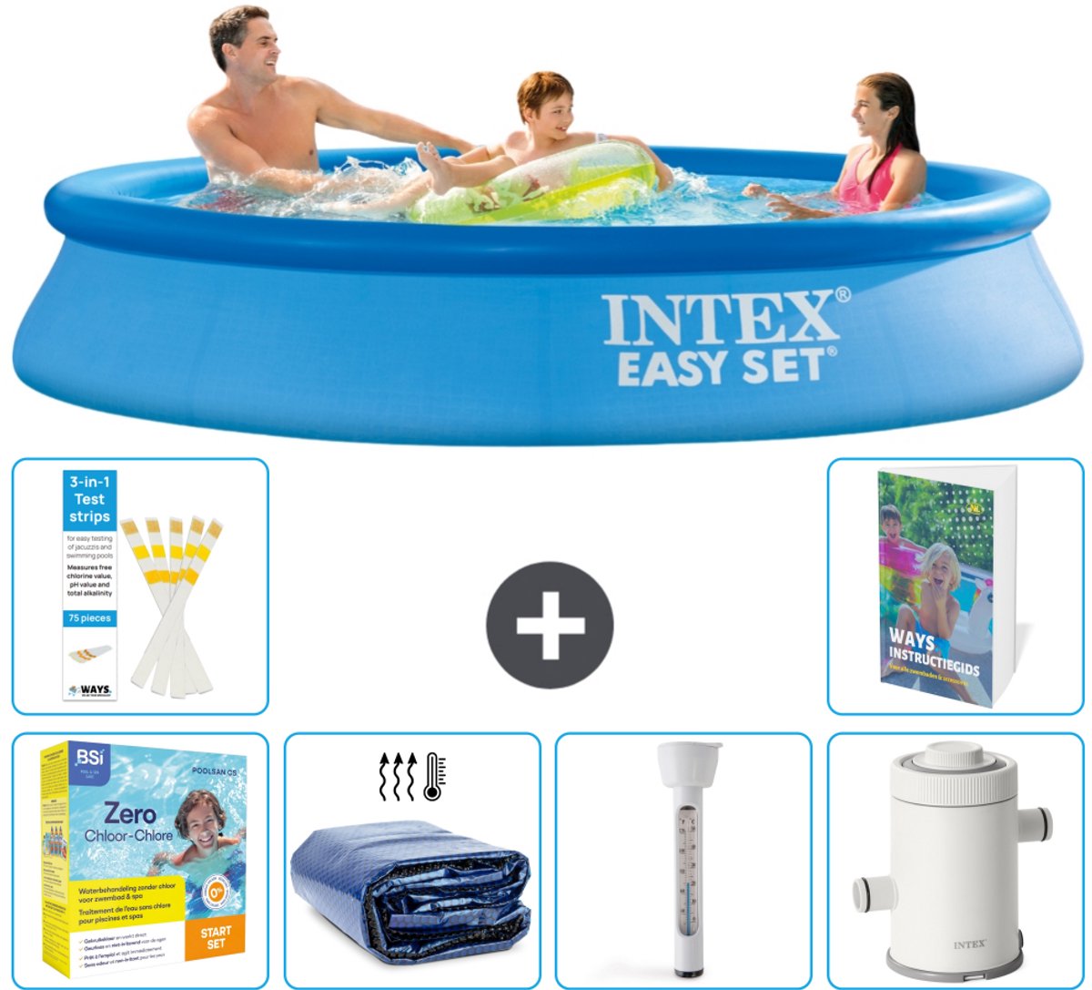 Intex Rond Opblaasbaar Easy Set Zwembad - 305 x 61 cm - Blauw - Inclusief Onderhoudspakket - Solarzeil - Thermometer - Zwembadfilterpomp - 7-delig