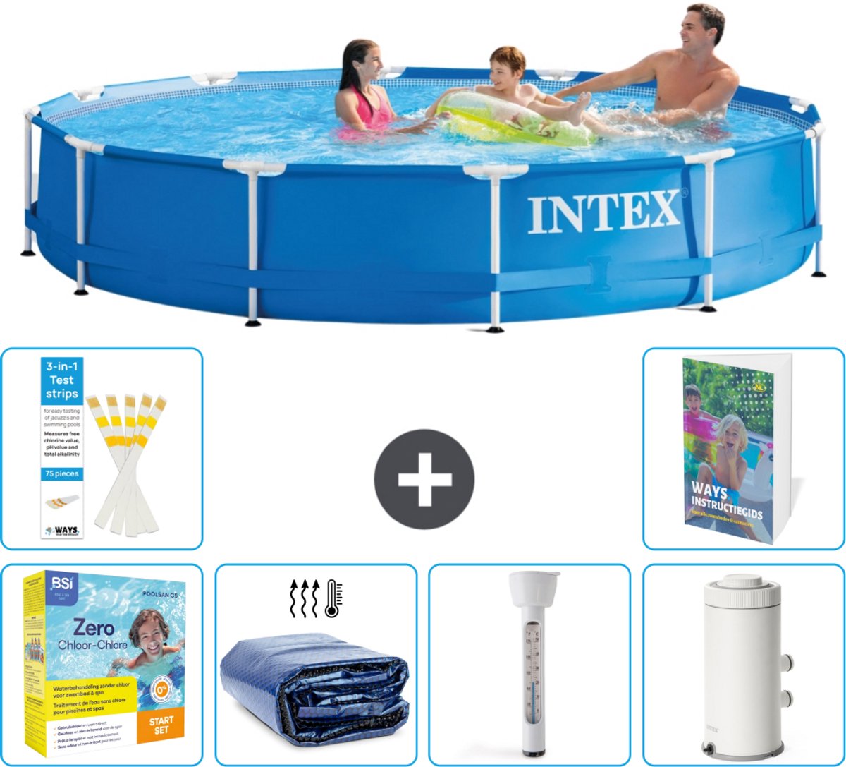 Intex Rond Frame Zwembad - 366 x 76 cm - Blauw - Inclusief Onderhoudspakket - Solarzeil - Thermometer - Zwembadfilterpomp - 7-delig