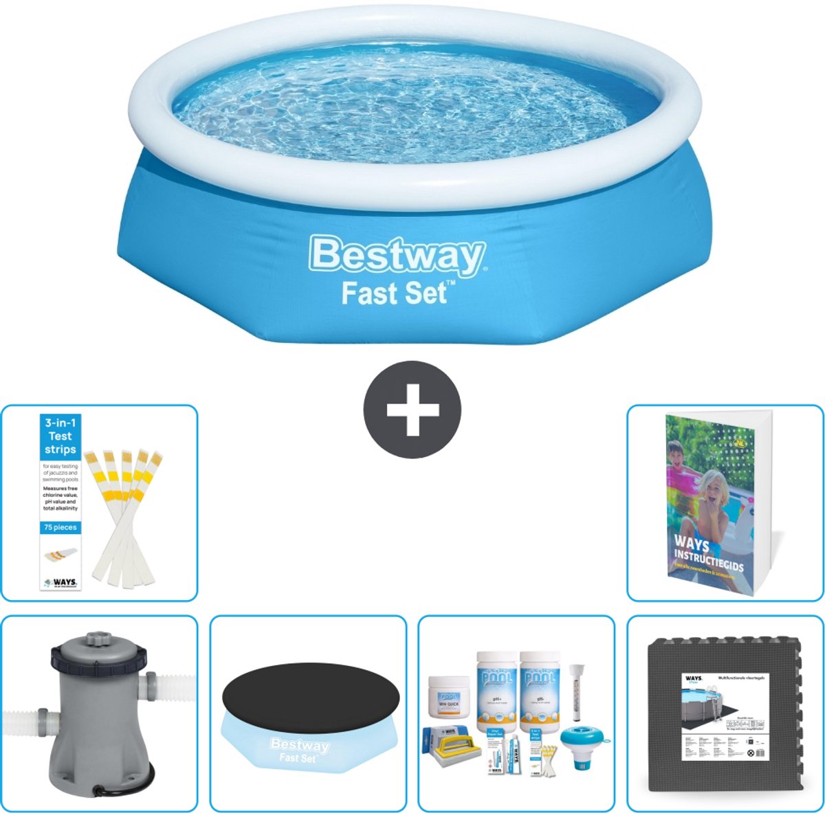 Bestway Rond Opblaasbaar Fast Set Zwembad - 244 x 61 cm - Blauw - Inclusief Pomp - Afdekzeil - Onderhoudspakket - Vloertegels - 7-delig