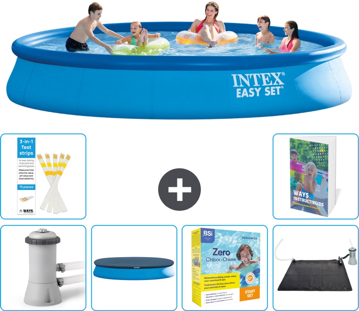 Intex Rond Opblaasbaar Easy Set Zwembad - 457 x 84 cm - Blauw - Inclusief Pomp - Afdekzeil - Onderhoudspakket - Solar Mat - 7-delig