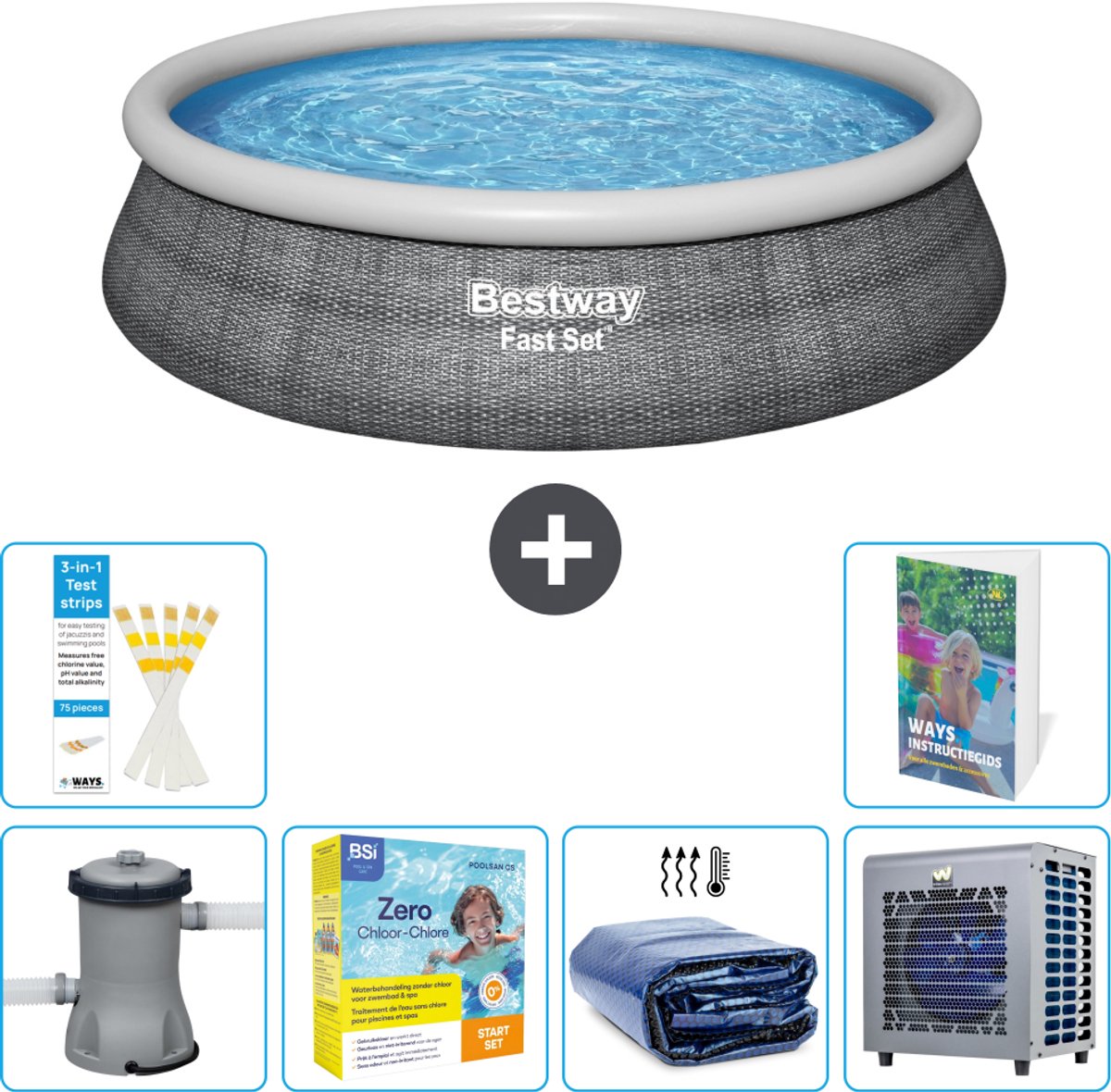 Bestway Rond Opblaasbaar Fast Set Zwembad - Rotanprint - 457 x 84 cm - Inclusief Pomp - Onderhoudspakket - Solarzeil - Warmtepomp - 7-delig