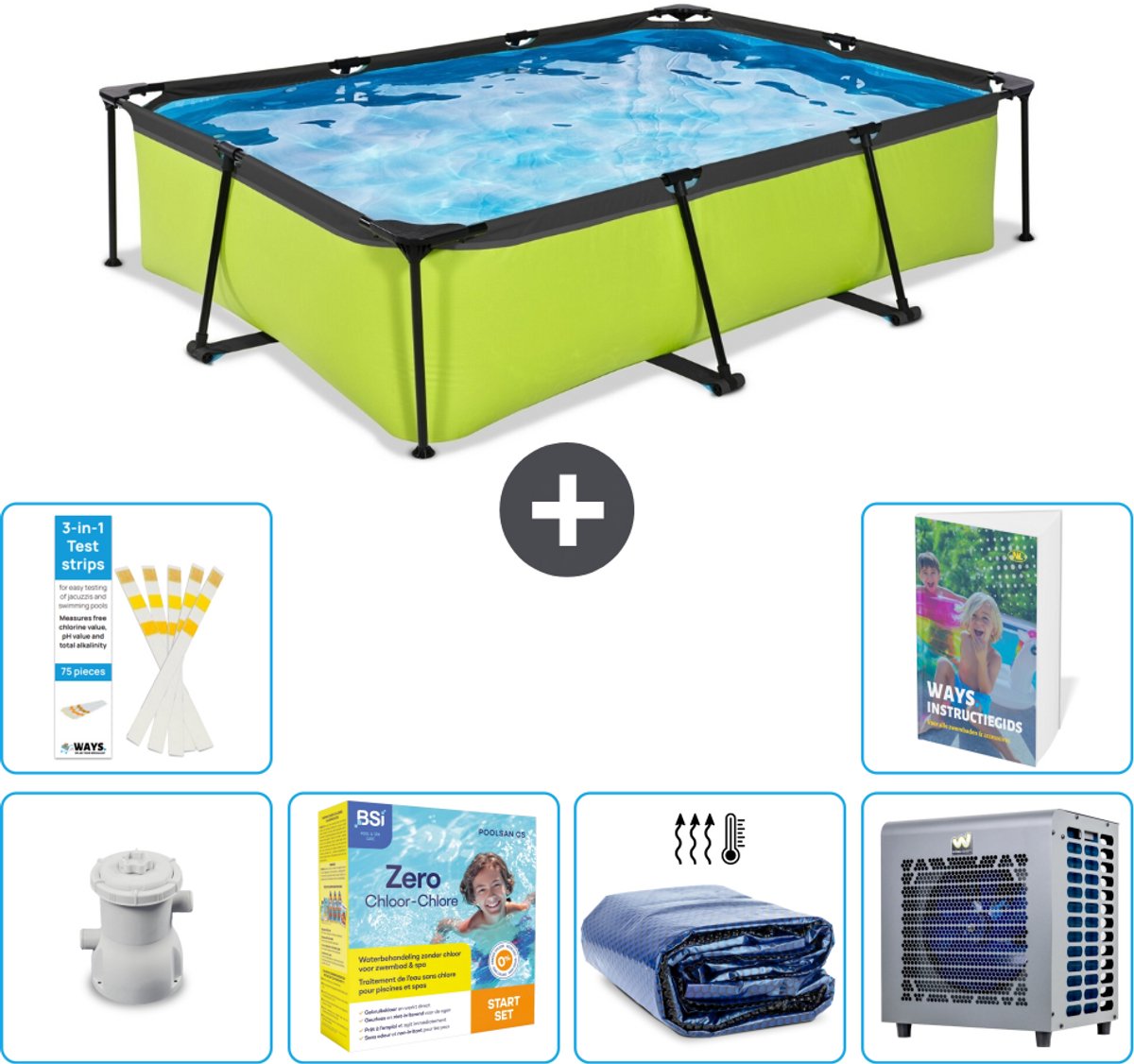 EXIT Rechthoekig Lime Frame Zwembad - 300 x 200 x 65 cm - Inclusief Pomp - Onderhoudspakket - Solarzeil - Warmtepomp - 7-delig