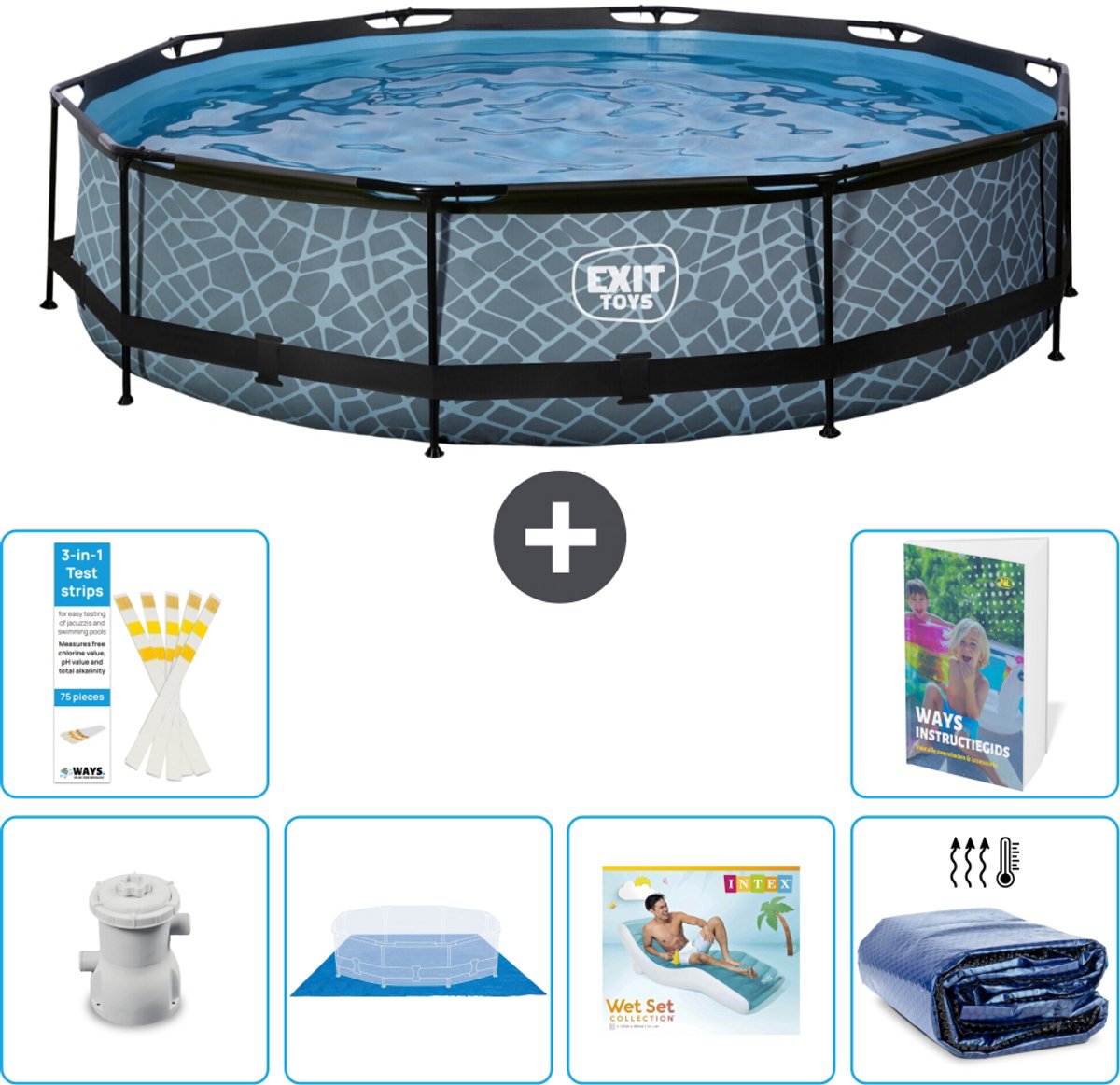 EXIT Rond Stone Frame Zwembad - 360 x 76 cm - Inclusief Pomp - Grondzeil - Loungebed - Solarzeil - 7-delig