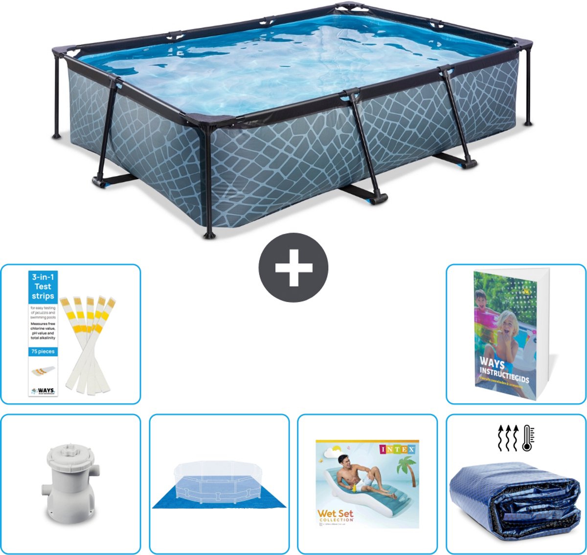EXIT Rechthoekig Stone Frame Zwembad - 300 x 200 x 65 cm - Inclusief Pomp - Grondzeil - Loungebed - Solarzeil - 7-delig