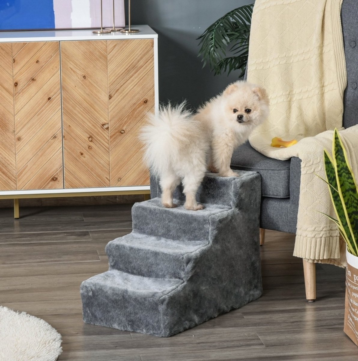 REDOM - Loopplank voor dieren - 4-staps ontwerp - Voor bed en sofa - Afneembare pluche hoes - Lichtgrijs - 60 x 35 x 44 cm - tot 5 kg
