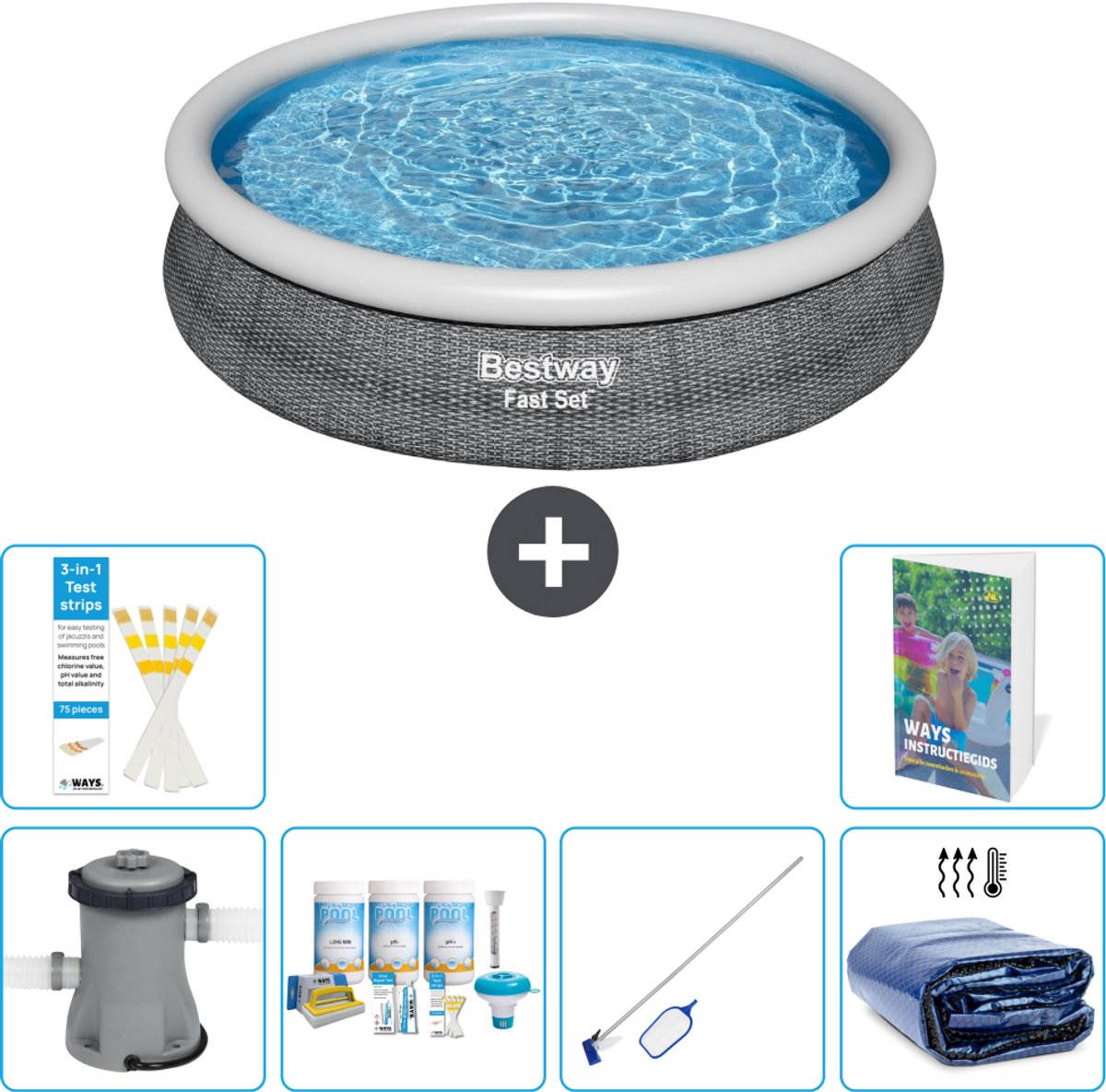 Bestway Rond Opblaasbaar Fast Set Zwembad - Rotanprint - 366 x 76 cm - Inclusief Pomp - Onderhoudspakket - Schoonmaakset - Solarzeil - 7-delig