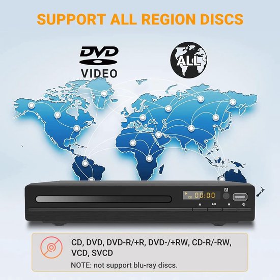 DVD-speler voor tv, cd-speler met afstandsbediening, 1080p HD, compacte speler, regio-vrij, HDMI- en RCA-kabels, USB-ingang, geschikt voor monitor en projector, nieuwe en oude tv's. — afbeelding 2