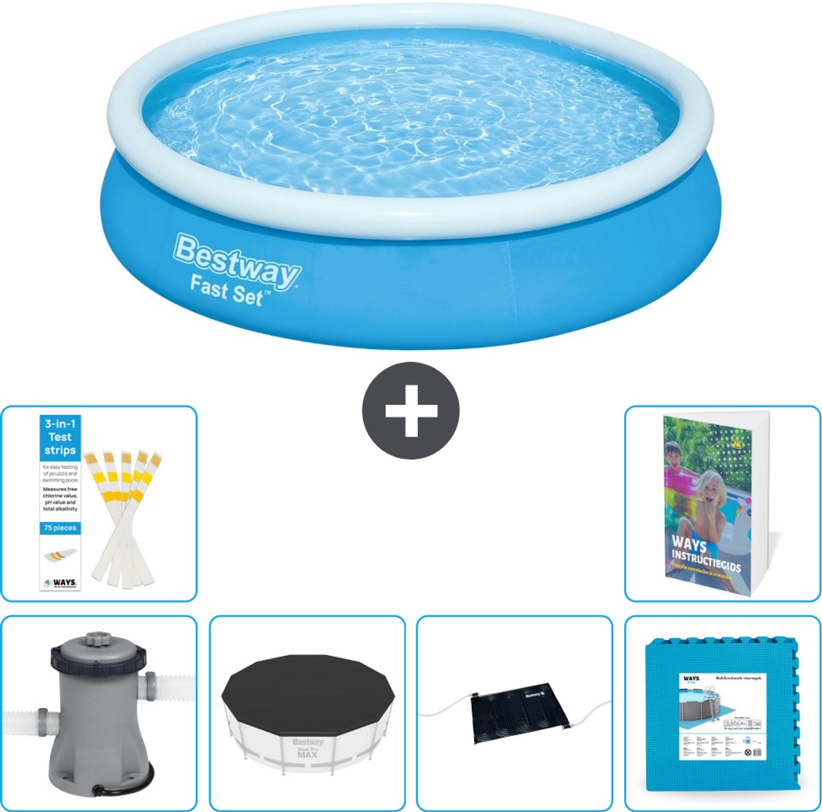 Bestway Rond Opblaasbaar Fast Set Zwembad - 366 x 76 cm - Blauw - Inclusief Pomp - Afdekzeil - Solar Mat - Vloertegels - 7-delig