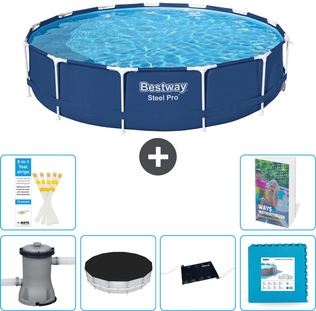 Bestway Rond Steel Pro Zwembad - 396 x 84 cm - Blauw - Inclusief Pomp - Afdekzeil - Solar Mat - Vloertegels - 7-delig