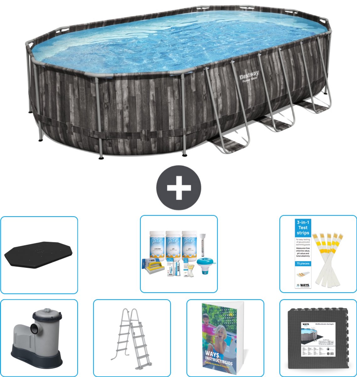 Bestway Ovaal Power Steel Zwembad - 610 x 366 x 122 - Grijs - Inclusief Pomp - Ladder - Afdekzeil - Onderhoudspakket - Vloertegels - 8-delig
