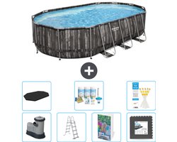 Bestway Ovaal Power Steel Zwembad - 610 x 366 x 122 - Grijs - Inclusief Pomp - Ladder - Afdekzeil - Onderhoudspakket - Vloertegels - 8-delig