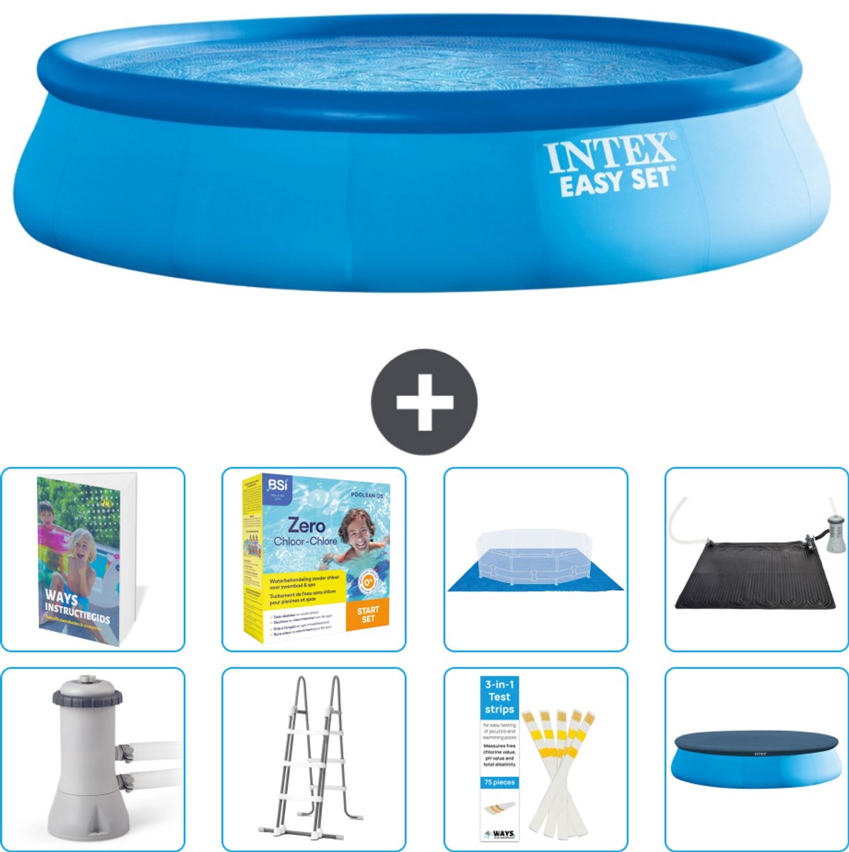 Intex Rond Opblaasbaar Easy Set Zwembad - 457 x 107 cm - Blauw - Inclusief Pomp - Ladder - Grondzeil - Afdekzeil - Onderhoudspakket - Solar Mat - 9-delig