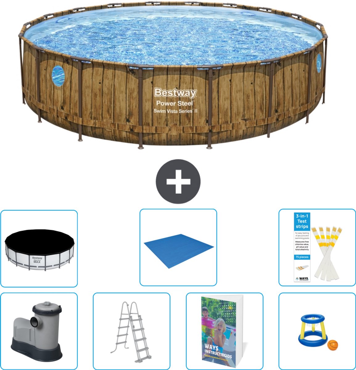 Bestway Rond Power Steel Swim Vista Zwembad - Houtprint - 549 x 122 - Inclusief Pomp - Ladder - Afdekzeil - Grondzeil - Speelgoed - 8-delig