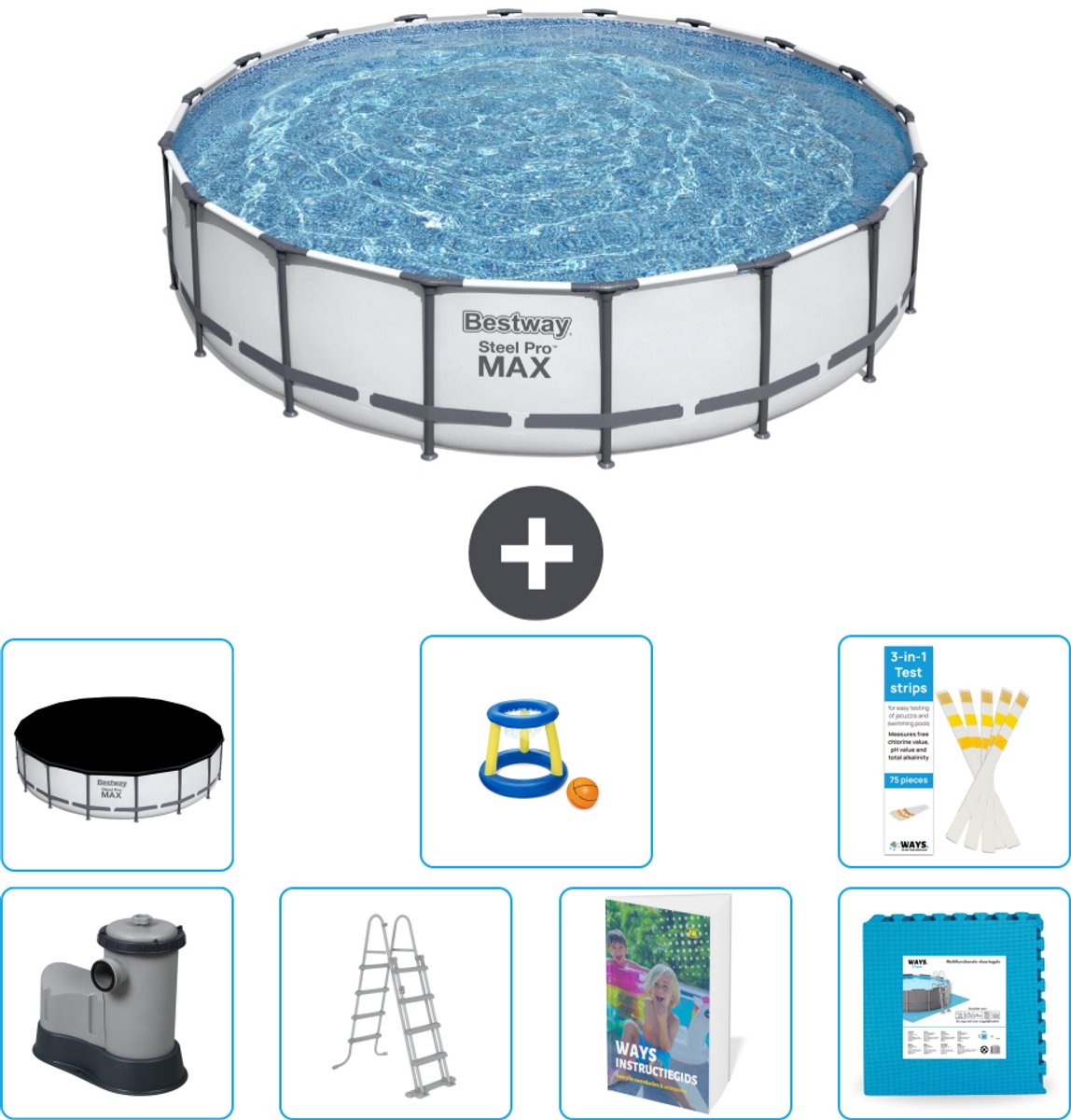 Bestway Rond Steel Pro MAX Zwembad - 549 x 122 cm - Grijs - Inclusief Pomp - Ladder - Afdekzeil - Speelgoed - Vloertegels - 8-delig