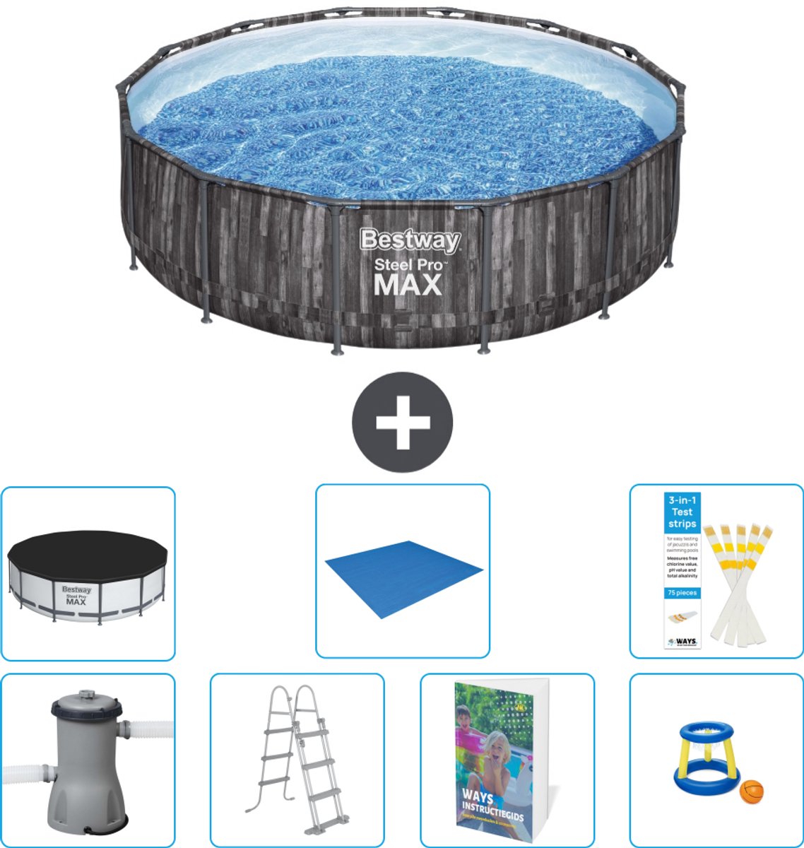 Bestway Rond Steel Pro MAX Zwembad - Houtprint - 427 x 107 cm - Inclusief Pomp - Ladder - Afdekzeil - Grondzeil - Speelgoed - 8-delig